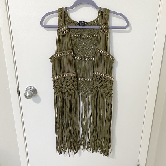 Vintage Umgee Crochet Fringe Boho Vest Green, Small